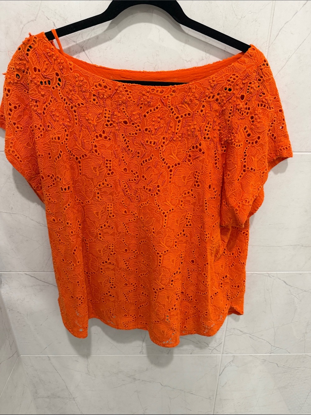 Anthropologie Orange Lace Overlay Short Sleeve Tee
